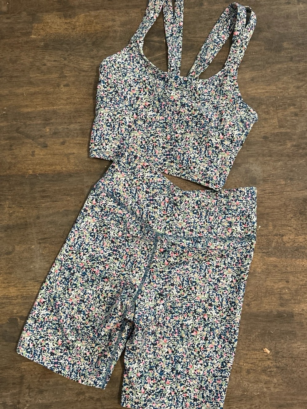 Floral Active Set - Navy, Pink & White Crop Top + Biker Shorts